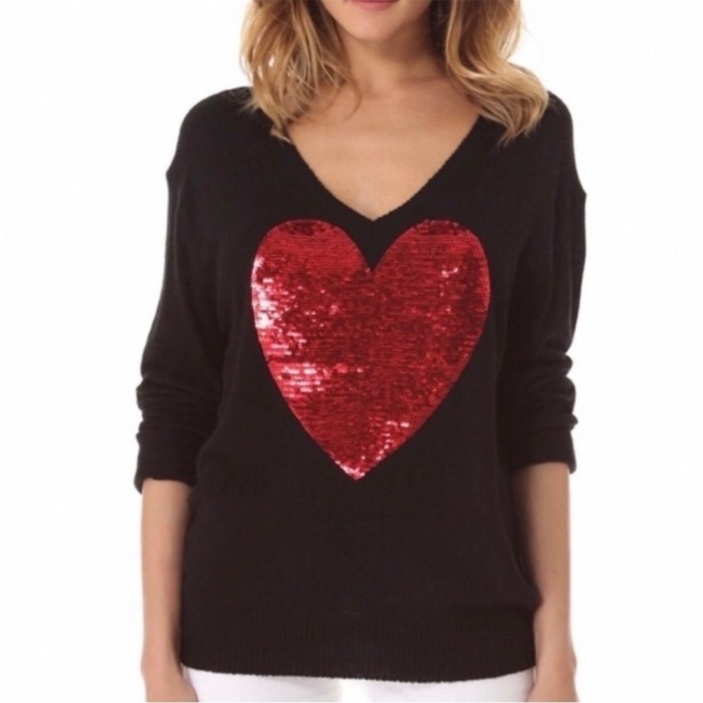 Wild Fox White Label Black Sweater Red Sequin Heart Medium - Picture 2 of 9